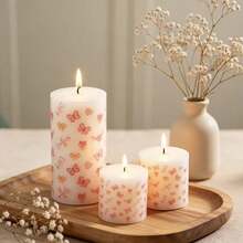 1/3 Packs White Printed Pillar Candles With Pink Heart Pattern - 3"Tall 2" Diameter, Dripless Smokeless Unscented Candles ForHome Decor, Valentine's Day, Wedding Centerpieces - A - View 2