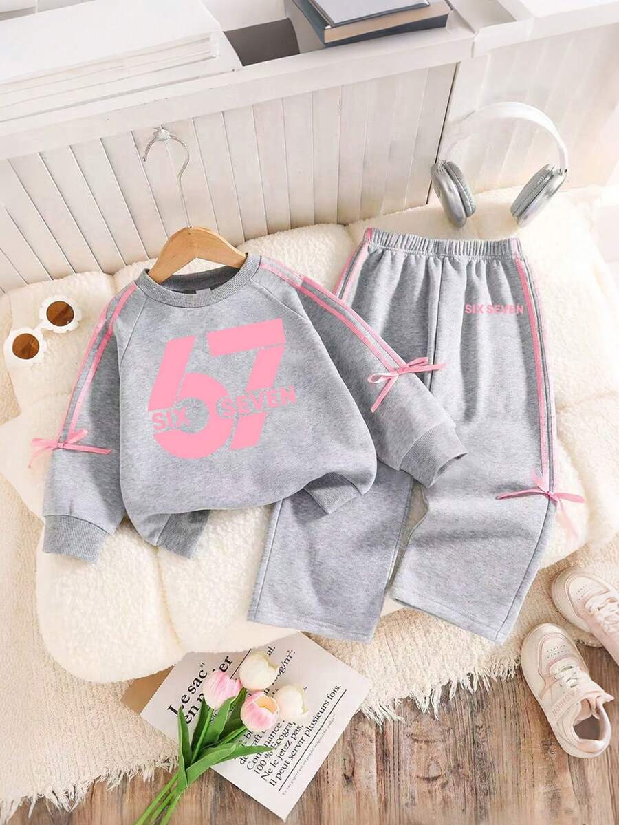 Baby Girl Ribbon Bow Decor Round Neck Long Sleeve Top And Pants Set - Grey - View 1