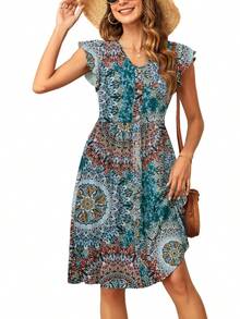 SENBATU Summer Dress Ruffle Sleeve Casual Dresses Women Pleated Midi Dress With Pockets - Floral-1 - View 3