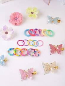 5/859PCS Rainbow Macaron Color Series Energetic Girl Hair Accessory Set, Includes High Elasticity Seamless Hair Ties, Gradient Glitter Butterfly Hair Clips, Flower Hair Clips, Bow Hair Clips, Disposable Small Rubber Bands, Suitable For Girls Outings, Daily, Party Use - Multicolor - View 9