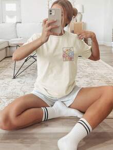 Graphic Print Short Sleeve Round Neck Casual Women Tops, Suitable For Summer And Spring - Apricot - View 2