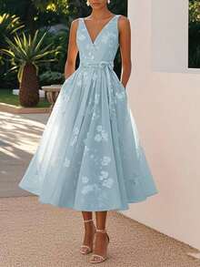 Women's Multi-Color Sleeveless Banquet Dress, Embroidered V-Neck, Cinched Waist, Lace Up Back Design, Elegant Mid Length A-Line Dress, Formal Evening Cocktail Wedding Guest Party Fashion Dresses - 天藍色 - 查看 1