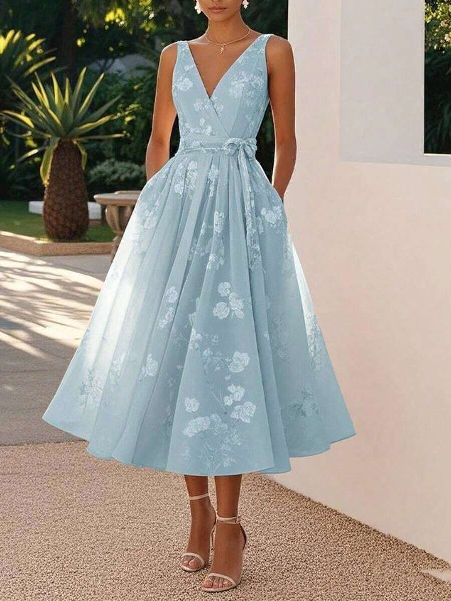 Women's Multi-Color Sleeveless Banquet Dress, Embroidered V-Neck, Cinched Waist, Lace Up Back Design, Elegant Mid Length A-Line Dress, Formal Evening Cocktail Wedding Guest Party Fashion Dresses - 天藍色 - 查看 1