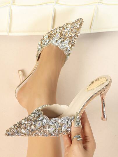 Women's Fashion High Heel Sandals, Pointed Toe Design Backless Sandals, Shiny Rhinestone Decor, Thin High Heel Ankle Strap Sandals, Solid Glitter Elegant Sexy Ruffle/Asymmetric/Irregular Buckle Glitter Rhinestone Ladies High Heel Sandals For Party, Wedding, Office, Holiday, Beach, Indoor & Outdoor, Spring/Summer, All Season