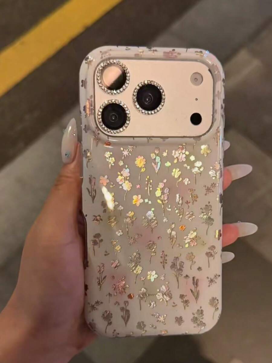 Funda de teléfono con flores doradas de colores compatible con iPhone 17 Pro Max, 17 New, 16 Pro, cubierta protectora de acrílico compatible con iPhone 14, 16, 15, 13, diseño de moda - Oro rosa - Ver 1