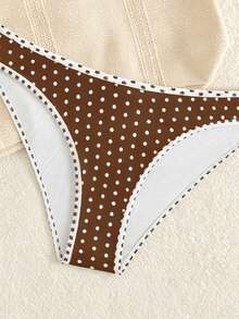 Bộ bikini nữ mùa xuân/hè chấm bi thanh lịch, kiểu dáng thường ngày, áo ngực tam giác màu trắng/nâu cổ yếm chữ V hở lưng buộc dây, quần bơi cạp cao viền tương phản, đồ bơi 2 mảnh kiểu vintage phù hợp cho bãi biển, kỳ nghỉ, tiệc du thuyền sang trọng, tiệc bể bơi. - màu nâu - Xem 4