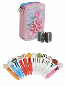 1 Set Cartoon Pencil Case, Large Capacity Student Stationery Box + Multi-Color Ballpoint Pens, Suitable For Students, Ideal For Student Groups - Three-layer Large Capacity Pencil Case - View 3