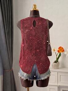 Áo tank top dệt kim không tay thời trang nữ, cổ tròn, thiết kế vạt áo bất đối xứng. - Gỗ đỏ - Xem 3