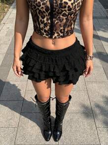 Buzzelle Quần short mini màu trơn, đa năng, thoải mái, có bèo nhún ở gấu, thích hợp cho hộp đêm, lễ hội âm nhạc, buổi hòa nhạc, tiệc khiêu vũ, Halloween và hẹn hò. Màu đen mùa hè. - màu đen - Xem 1