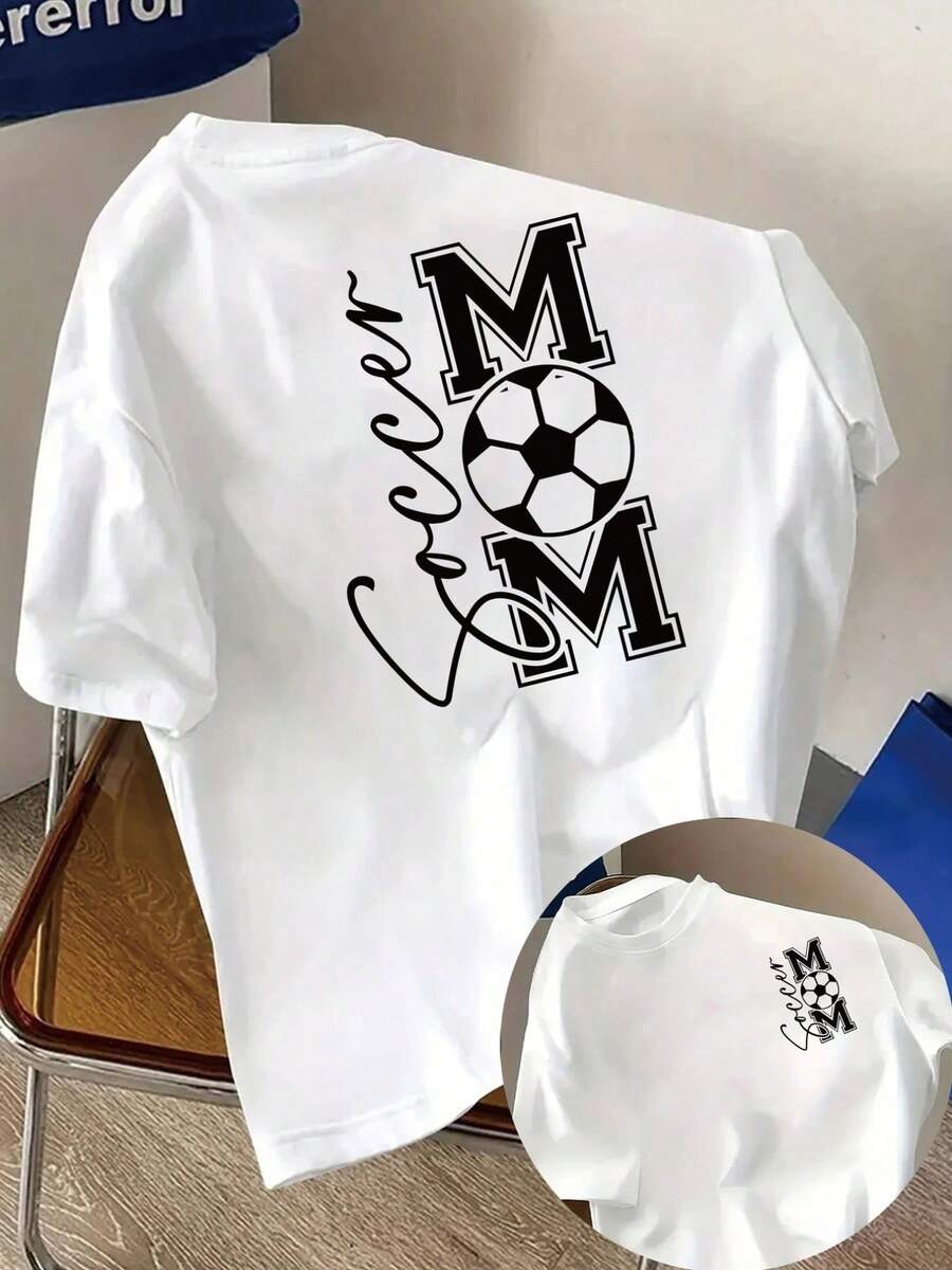 Short Sleeve T-Shirt With Front And Back Print - "Football Mom", "MOM" Print - Women's Print T-Shirt For Spring/Summer, Fashion Item. - White - View 1