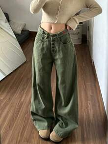 復古美式設計字母刺繡寬鬆休閒寬腿喇叭牛仔褲 秋季 - 軍綠色 - 查看 2