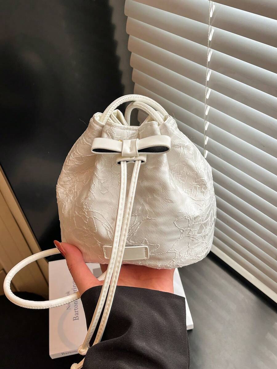 1pc Drawstring Closure Fabric Printed Bucket Bag With Chain, Embroidered Pearl Decor Shoulder Bag, Cute Ladies' Party Evening Clutch, Fashion Gift Handbag Suitable For Women's Party, Evening Wear And Daily Use