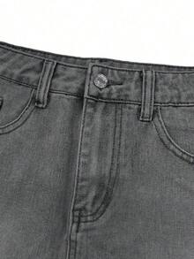 Minifalda de mezclilla con dobladillo deshilachado estilo retro Y2K, falda ajustado ajustada de cintura alta con forma de corazón, diseño de verano, vestido de verano para mujer, ropa de verano para mujer, falda de mezclilla, ropa casual - Gris Oscuro - Ver 6