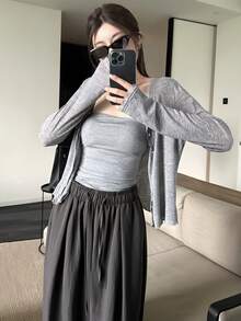 女士春夏新款蕾丝拼接花卉饰边柔软针织开衫轻薄外套 - 淺灰色 - 查看 5