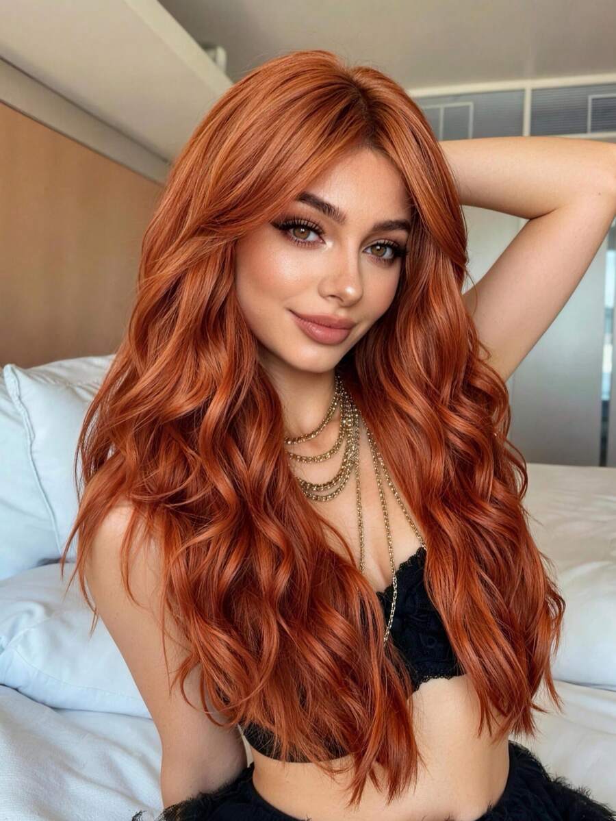 26 Inch Blue Long Wavy Wig For Women, Heat Resistant Synthetic Hair, Natural Looking Cosplay And Halloween Party Wig - Burnt Orange - View 1