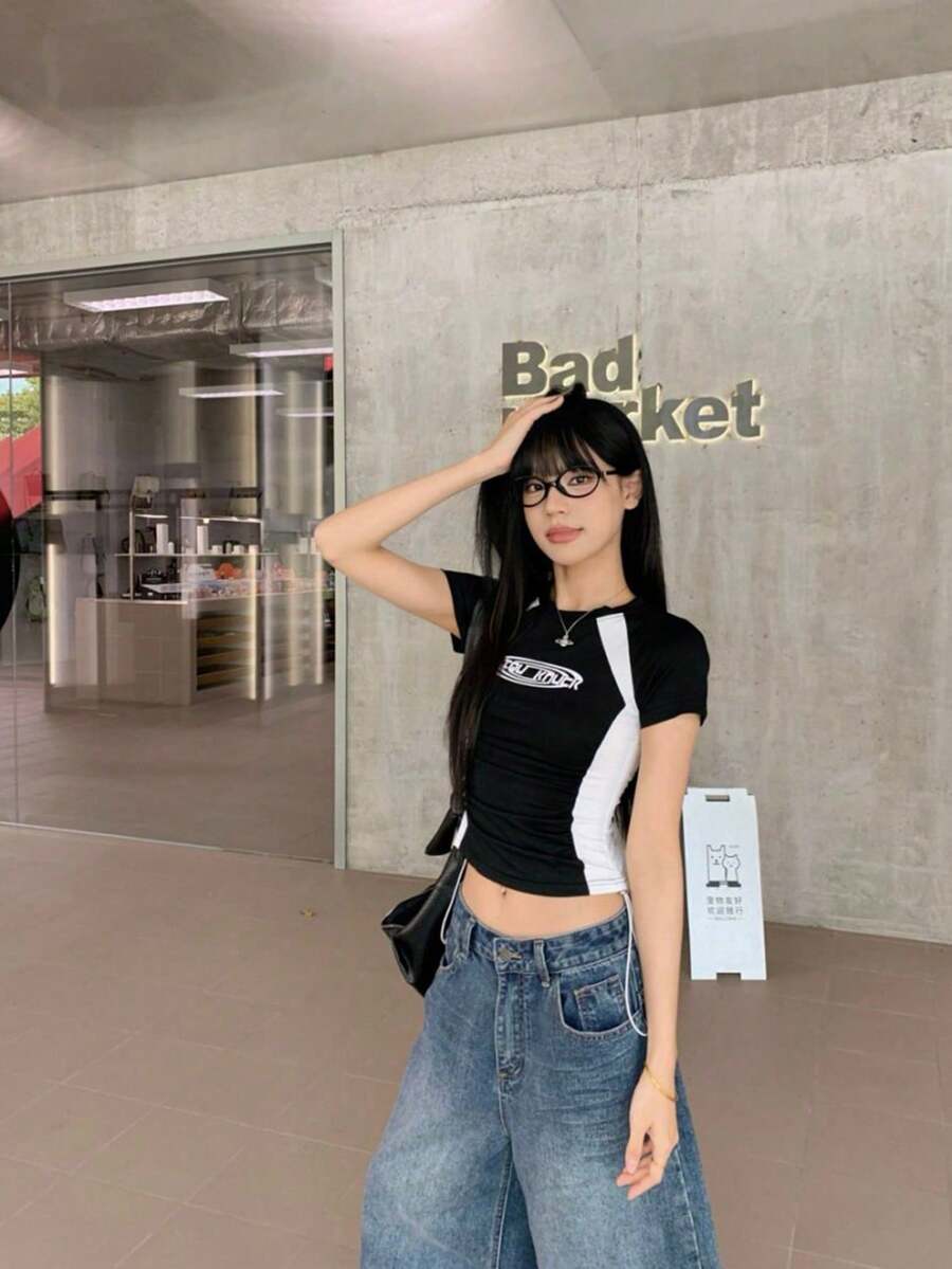 Women's Summer Letter Print Contrast Color Round Neck Short Sleeve Cropped Fitted T-Shirt Casual Black - Black - View 1