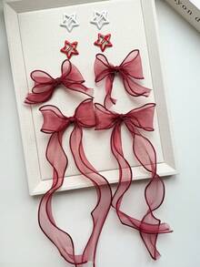 8pcs Women's Hair Accessories Set - Star Clips, Bow Knot, Tulle Bow, Ribbon Streamers, Pigtail Clips, Suitable For Daily Cute & Sweet Bowknot Hair Clips,Travel,Birthday - Burgundy - View 2