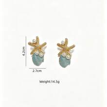 Cyan Shell & Starfish Earrings, Vacation Style Pearl & Crystal Inlaid Earrings, Versatile Ocean Themed Women's Ear Jewelry - 耳環 - 查看 5