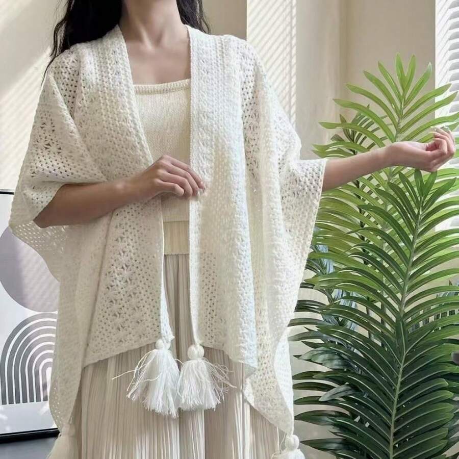 FRLNN OWENN 女士纯色镂空蕾丝针织保暖装饰防晒旅行遮阳披肩，波西米亚优雅风格沙滩披肩，适合居家旅行外出海滩，春秋夏季皆宜，配饰，假日 - 彩色 - 查看 1