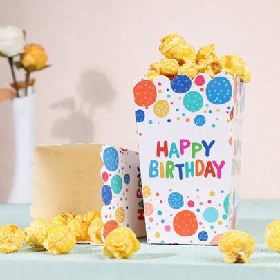 Colorful Polka Dot "Happy Birthday" Popcorn Boxes, Disposable Paper Snack Containers With Vibrant Dot Print, 4.52x2.95x2.16 Inch Treat Boxes For Bright Themed Birthday Party, Festive Celebration, Backyard Gathering, Movie Night, Carnival, Outdoor BBQ, Party Favors, Candy Buffet, Dessert Table Decor, Sturdy Paper Popcorn Holders Multi Size Optional With 10PCS 20PCS 50PCS 100PCS For All Adult Celebration Occasions