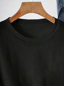 Camiseta de manga corta con cuello redondo y estampado de letras, de uso casual y versátil para uso diario - Negro 2 - Ver 3