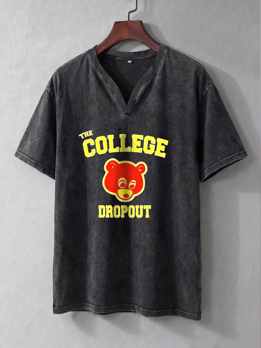 Men's Casual Vintage Distressed V-Neck Short Sleeve T-Shirt, Summer - Black - View 1