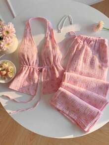 Pieces Outfits Tie Up Halter Neck Backless Tank Top And Wide Leg Drawstring Pants Set Clubwear, Vacation Outfits Women, Beach Outfits For Woman, Rave Outfits, Hawaii Outfits Women Island Vacation Outfits - 黃色 - 查看 5