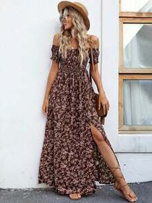 Vestido largo con abertura alta, estampado floral ditsy, hombros descubiertos, para vacaciones y playa, para mujer - Cafetería - Ver 1