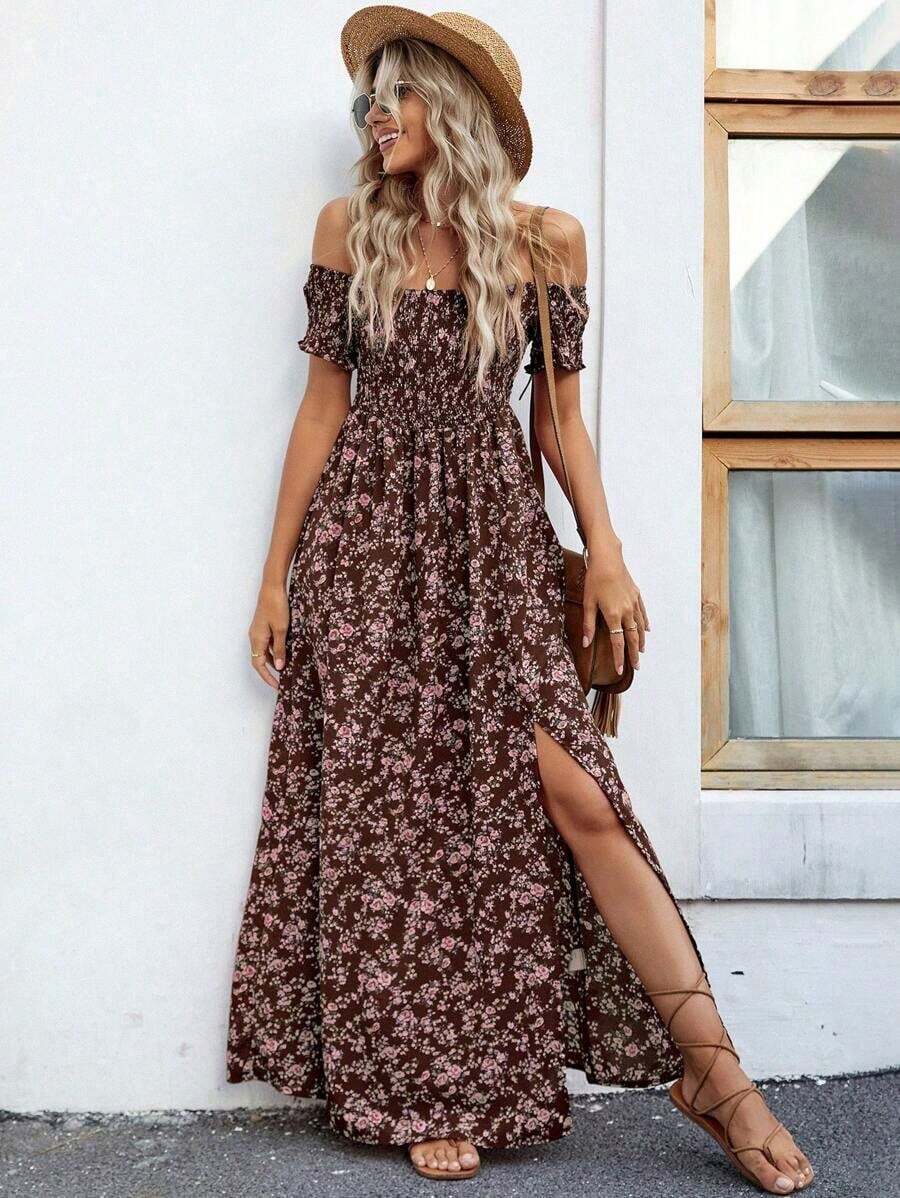 Vestido largo con abertura alta, estampado floral ditsy, hombros descubiertos, para vacaciones y playa, para mujer - Cafetería - Ver 1