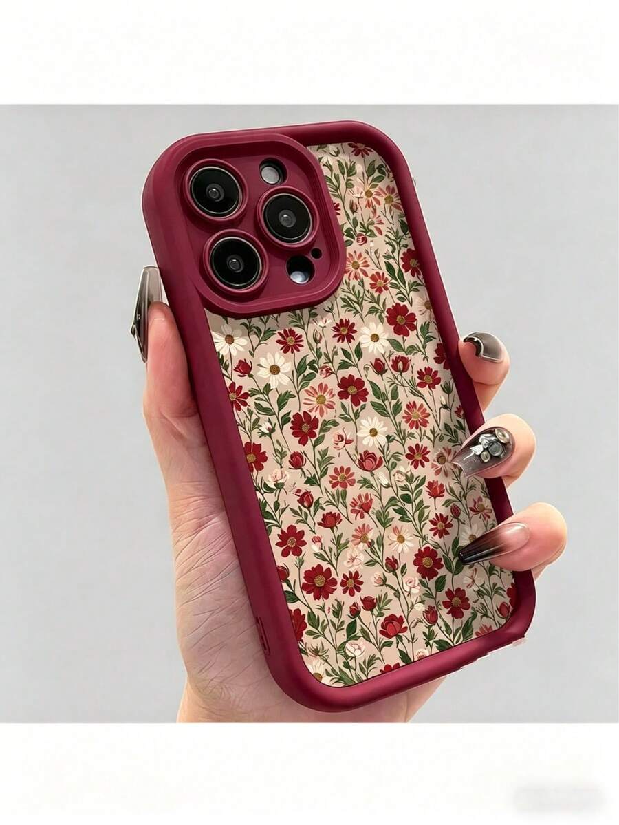 1pc Wine Red Ladder Pattern Simple Printed Apple Phone Case For IPhone 16 15 Pro Max 14 Plus 13 12 11 ProMax White Fashion Dustproof Stain-Resistant Protective Case Creative Holiday Gif - Multicolor - View 1