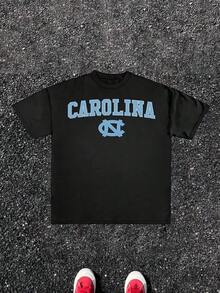 Carolina Men's Sports T-Shirt With Letter Print, 220g, 1 Piece, Urban Style, 100% Cotton, Vintage Casual T-Shirt, College Style, Digital Print - 黑色 - 查看 8
