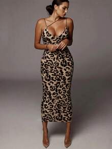 Vestido midi sexy sin mangas con cuello en V y estampado de leopardo, ropa de calle a la moda para mujer, trajes de fiesta de Navidad - Leopardo - Ver 4