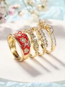 4 piezas de anillos de piedra de circonita cúbica de lujo, adecuados para mujeres, ideales para bodas, compromisos, fiestas de aniversario, regalo del Día de San Valentín - 5# - Ver 7