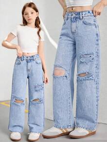 Quần jeans ống rộng dáng suông rách, quần denim ống đứng rách phong cách đường phố, đa năng. - Rửa nhẹ - Xem 1
