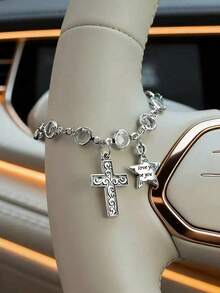 Cadena decorativa para volante de coche con adornos de cruz y estrella, ornamento interior de coche con cuentas de cristal brillante, accesorio de auto gótico lindo para niñas, estética Y2K - Varios - Ver 12