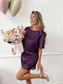 Crew Neck T-Shirt Top And Lace Patchwork A-Line Skirt Set, Silk Satin And Lace Patchwork Casual Loose Elegant Office Lady Style, Spring/Summer Women 2-Piece Set - Morado - Ver 2