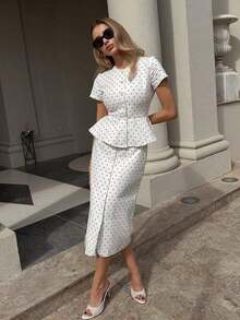 Women's Elegant Polka Dot Ruffle Trim Top And Mid-Length Skirt 2-Piece Set, Round Neck Button Front, Casual Cute Bohemian Style, Non-Stretch Fabric For Summer White TUVY - 白色 - 查看 2