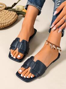Ximi Ruo New Spring/Summer Fashion Casual Strap Slide Sandals, Comfortable Flat Heel Round Toe Beach Slippers, Versatile Slip-On Sandals For Women - Navy Blue - View 3