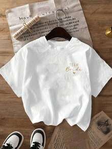 Women's Short-Sleeved T-Shirt With Bridal-Themed Decorative Patterns And The Slogan "" In Cursive Lettering, Round Neck, Short Sleeve, Casual Style For Spring/Autumn/Summer, Back-To-School Outfits For Women, Women's Tops, Summer Outfits, Women's Holiday Outfits, Women's Spring Outfits, Tops, Women's Club Outfits, Black Color, 100% Cotton. - 白色 - 查看 3