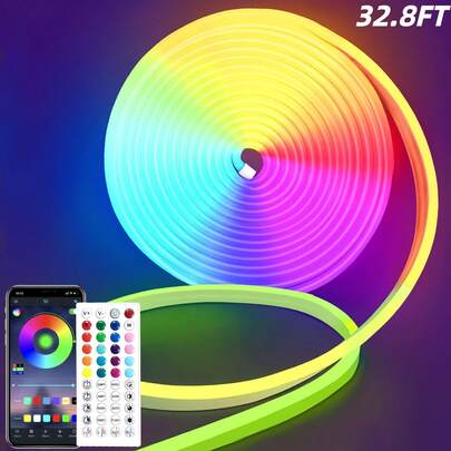 32.8 Ft  LED Neon Lights With Remote APP Control IP65 Waterproof Flexible Neon Strip Lights 24V RGB Rope Lights For Bedroom Room Outdoors Décor(Free Remote Control Included)