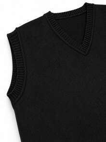 Men's Plain Knit Vest With V-Neck - 黑色 - 查看 4