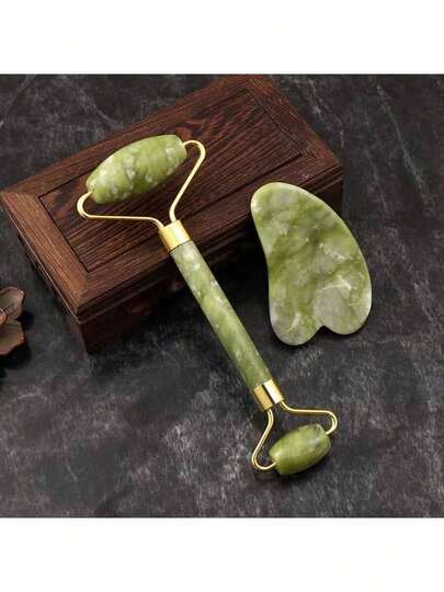 2pcs Natural Jade Roller And Gua Sha Tool Set, Facial Massage Roller, Suitable For Face, Eye, Neck And Body Massage, Beauty Tool, Daily Use, Wedding, Facial Care Gift, Beauty Products, Skincare, Spa Care, Self-Care, Facial Care Tool