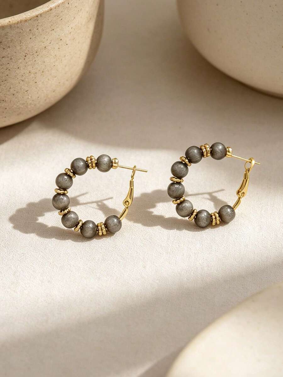 2pcs Elegant Multi-Color Beaded Earrings, High-End Accessory For Party And Daily Style, Perfect Gift For Girlfriend - Grey - View 1