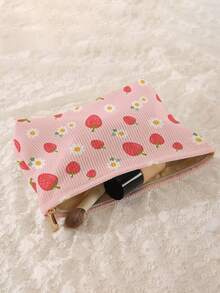 1pc Portable Cosmetic Bag With Strawberry Flower Pattern, Double-Sided Printed Zipper Makeup Bag, Multifunctional Travel Toiletry Organizer - Multicolor - View 4