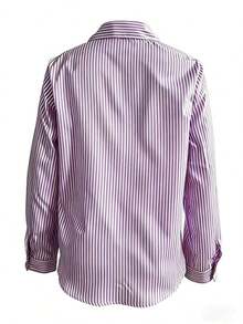 Lindo cárdigan de manga larga con botones y rayas azules, blusa/parte superior casual elegante vintage para mujer, adecuado para primavera/verano, días festivos/Día de San Valentín - Morado - Ver 8