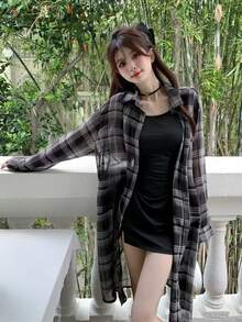 Áo sơ mi dài tay kẻ caro dáng lửng, nhẹ, rộng rãi, chống nắng, thích hợp cho nữ, mùa hè. - màu đen - Xem 2