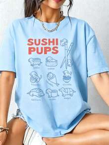 Sushi Pups Tshirt, Funny Dachshund Shirt, Japanese Cuisine Tshirt, Foodie Fift For Weiner Dog Mom, Gift For Her-Cozy Summer Essential & Casual Chic - 淺藍色 - 查看 10