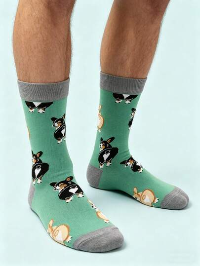 1 đôi tất nam in hình chó Corgi hoạt hình, tất cá tính ngộ nghĩnh, tất in hình Corgi unisex, tất casual đa năng phù hợp cho mặc hàng ngày.