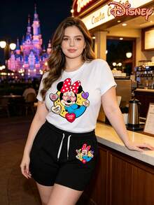 Disney Officially Licensed | Minnie Mouse "Self Love" Heart Glasses Design Women's Casual Short-Sleeve T-Shirt And Shorts Set - Confident And Stylish American Casual Style, Soft And Breathable Fabric, Round Neck Design, Ideal For Vacation, Travel, And Daily Casual Wear - trắng - Xem 1
