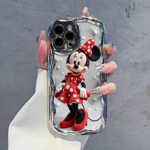 Disney Licensed Minnie Mouse Phone Case, Raised Flocked Minnie Character In Red Polka Dot Dress With Bow & Shoes On White Bubble Background, Electroplated Silver Wavy Edge, Scratch-Resistant Protective Case For IPhone 17, 16, 15, 14, 13, 12, And 11 Pro Models.A Fun Gift For Family, Friends, Birthdays, Holidays, And Special Occasions. - 銀色 - 查看 4